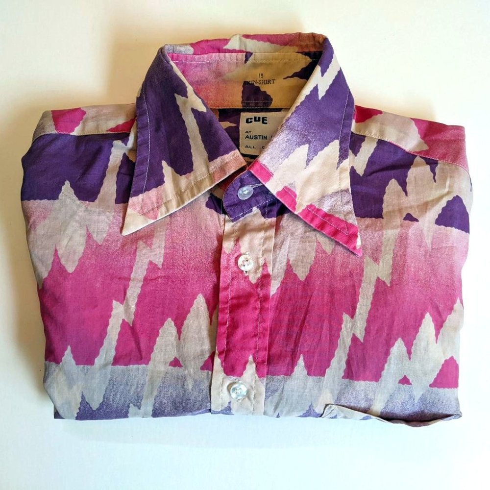 Cue at Austin Reed | Pink & Purple Wave Patterened Button Up Vintage Shirt | 15